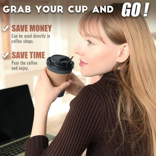 Vista 2 de Paquete de 100 tazas de café desechables de 12 onzas para llevar con tapas, fundas y pajitas, 100% biodegradables y compostables, tazas de café