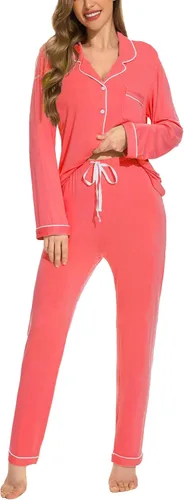 Vista 16 de Juego de pijama con botones para mujer, de manga larga, ropa de dormir suave, conjunto de ropa de descanso, tallas XS-XXL bean paste