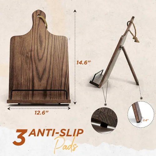 Vista 3 de FANATU Soporte para libro de cocina, de madera rústica, estilo tabla de cortar, soporte ajustable para libros de recetas para iPad y soporte