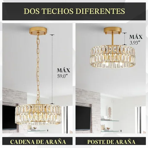 Vista 7 de CATINER Candelabros pequeños de cristal dorado, candelabro moderno de montaje semiempotrado con 4 luces de tambor de cristal, accesorio de luz