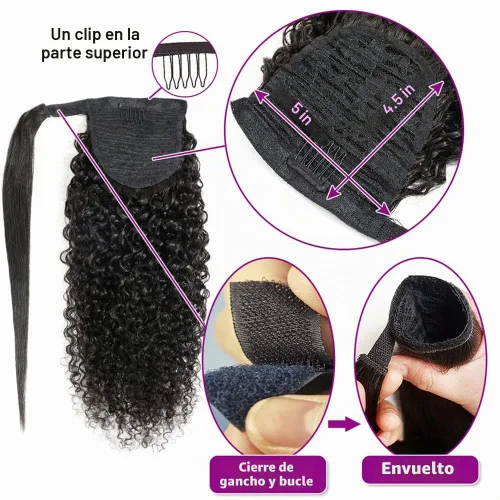 Vista 4 de Extensiones de cola de caballo con correa de cabello humano rizado, 100% cabello brasileño sin procesar, cola de caballo, pasta mágica con clip