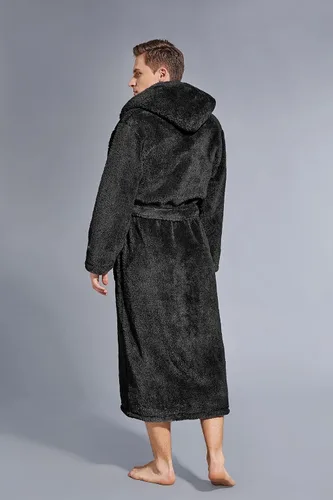 Vista 6 de Mens Fleece Plush Robe with Hood Ultra Soft Fluffy Full Length Long with Pockets Luxurious House Coat