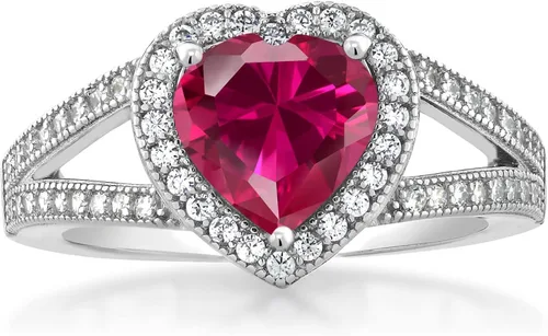 Vista 2 de Gem Stone King Anillo de plata de ley 925 con rubí creado rojo y moissanita creada para mujer