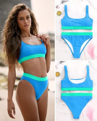 Vista 7 de Bikini de cintura alta para mujer, parte inferior con control de abdomen, parte superior con efecto push up, traje de baño de 2 piezas de corte alto