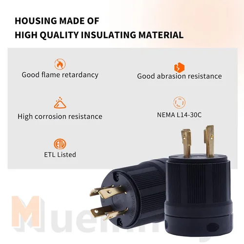 Vista 3 de Enchufe macho de bloqueo NEMA L14-30P 2PCS para generadores, enchufe eléctrico con extremo de cable de extensión 30A, 125/250V, 3 polos de 4 hilos