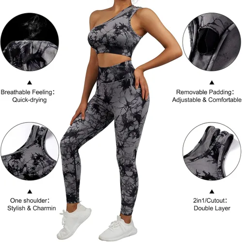Vista 2 de OMKAGI Conjunto de entrenamiento para mujer, 2 piezas, sin costuras, brasier deportivo de un hombro, leggings para levantamiento de glúteos, trajes