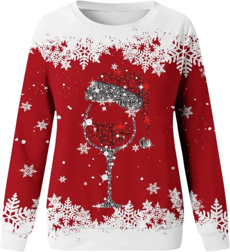 Vista 3 de Rvidbe Suéter feo de Navidad para mujer, estampado de copa de vino tinto, casual, cuello redondo, manga larga, sudaderas