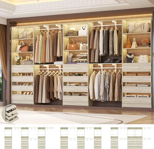 Vista 14 de Aheaplus Sistema de Armario con 8 Cajones de Madera, Sistema Organizador de Armario de Madera con Torre, Organizador de Vestidor Perchero de Armario