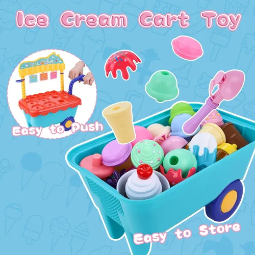 Vista 5 de Gifts2U Carrito de helado de juguete para niños, juego de 45 piezas de helado, tienda de juegos de simulación con carrito de almacenamiento