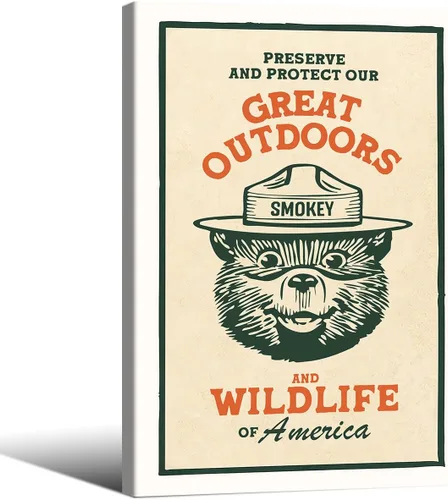 Vista 34 de Lienzo decorativo para pared con diseño de oso para niños, diseño de animales salvajes, conservación de la naturaleza, estilo retro, beige, cabaña