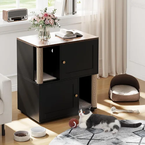 Vista 4 de CABIHOME Caja de arena doble para gatos con poste rascador, armario oculto 2 en 1 con tapete de arena, caja de arena grande para 2 gatos, color negro