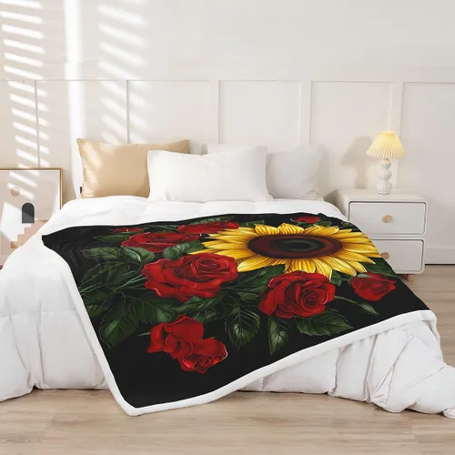 Vista 2 de Manfei Manta de girasol amarillo, manta de cama con rosas rojas para decoración de habitación de niños y niñas, manta floral de hojas verdes