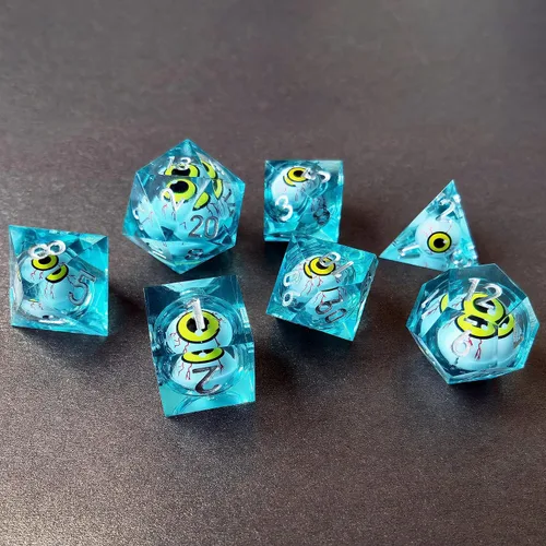 Vista 9 de BESCON - Juego de dados poliédricos con núcleo líquido con bordes afilados, dados poliédricos con borde de afeitar con globo ocular rodante