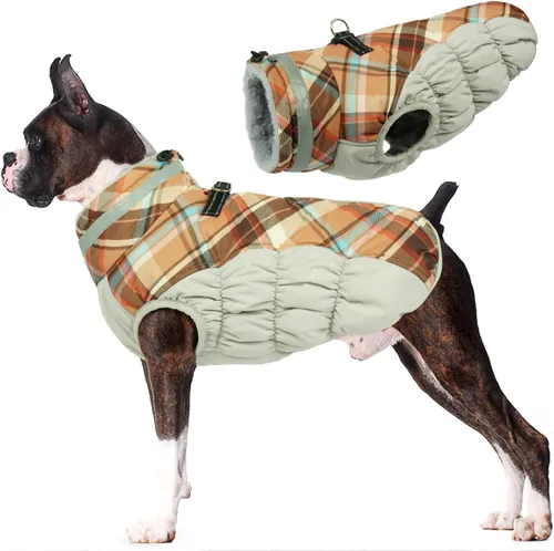 Vista 55 de Lelepet Abrigo cálido para perro, abrigo de invierno para perro, chaqueta impermeable para perros con arnés integrado reflectante de forro polar