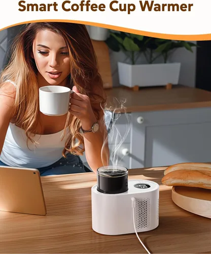 Vista 3 de Calentador de tazas para escritorio con taza de vidrio de 10.1 fl oz, calentador inteligente de biberones 3 en 1, enfriador de bebidas