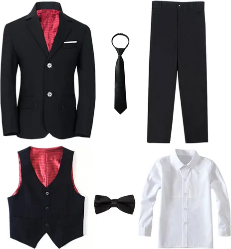 Vista 3 de Yanlu Conjunto de trajes formales de esmoquin para niños, color azul y negro, traje ajustado para bodas