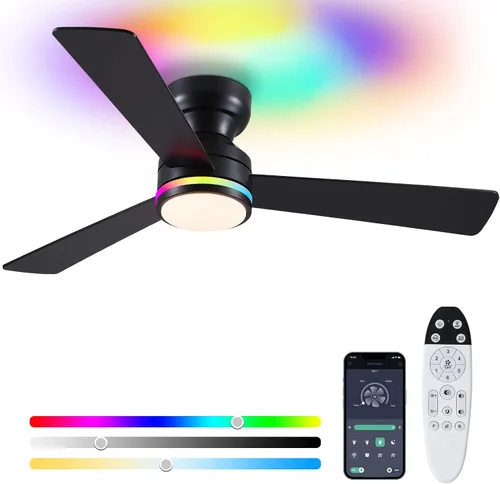 Vista 10 de Asyko Ventiladores de Techo con Luces, Ventilador de Techo de Perfil Bajo de 46" con Luz y Control Remoto, Montaje al Ras, Reversible, Regulable