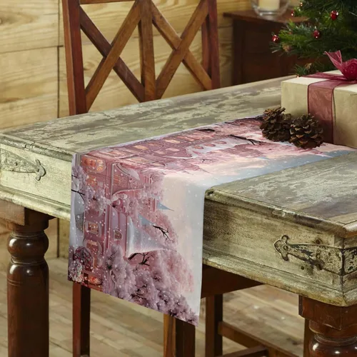 Vista 6 de Camino de mesa navideño de algodón y lino de 36 pulgadas, castillo de Navidad rosa, copo de nieve, decoración de invierno de temporada, caminos