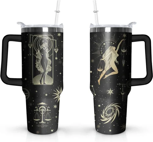 Vista 10 de Sunmdecor Vaso de 40 onzas con asa y pajitas de silicona, vaso aislado de café con asa, vaso de 40 onzas con asa