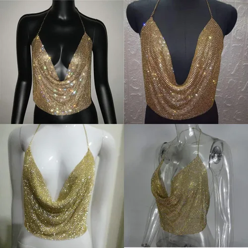 Vista 6 de Camiseta sin mangas sexy con diamantes de imitación brillantes para mujer, cuello en V profundo, cuello halter, cadena de metal, para club nocturno