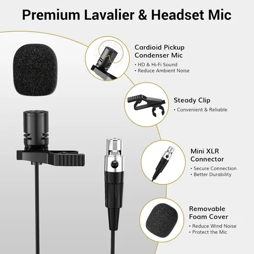 Vista 6 de TONOR Sistema de micrófono inalámbrico UHF con micrófonos de auriculares duales/micrófonos de solapa Lavalier, transmisores de cuerpo, receptor