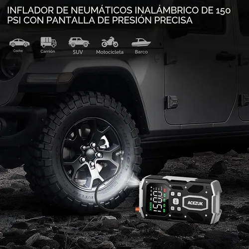 Vista 6 de ACEZUK - Arrancador portátil para automóvil con compresor de aire, 150PSI 8000A (todo gasolina/10.0L diesel), batería de 12 V, batería de arranque