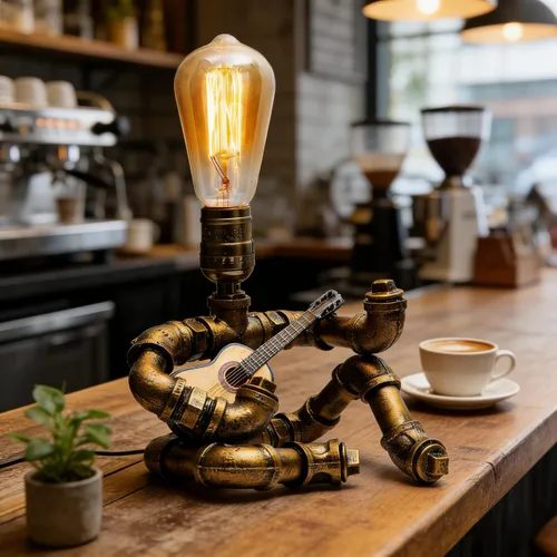 Vista 5 de Lámpara de mesa de guitarra musical, lámpara de mesa robot de guitarra steampunk, lámpara steampunk de guitarras retro, lámpara de robot de tubo