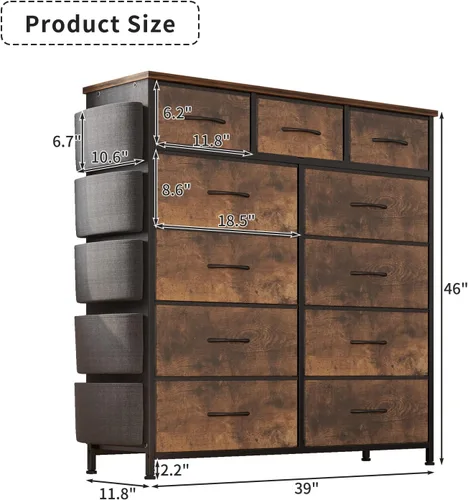 Vista 11 de Cómoda de almacenamiento de tela con 11 cajones para organización del dormitorio, cómoda con estantes profundos, bolsillos laterales y ganchos, Negro