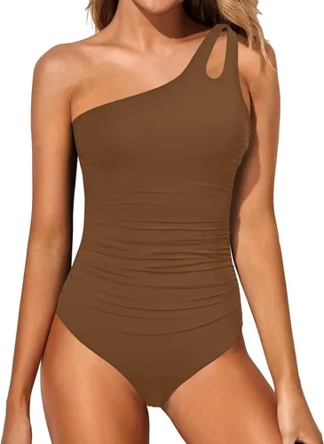 Vista 45 de Women's One Shoulder One Piece Tummy Control Swimsuit Full Coverage Diseño de ojo de cerradura, ajuste de cobertura completa, estilo modesto Negro