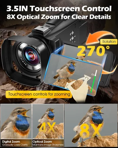 Vista 4 de Videocámara de cámara de video 5K, cámara de vlogging WiFi de 64 MP para YouTube con zoom óptico 8X, pantalla táctil IPS de 3.5 pulgadas, visión