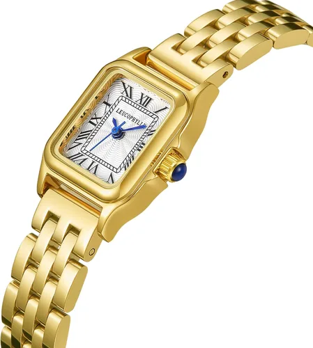 Vista 2 de Relojes pequeños de oro para mujer con funda rectangular vintage, esfera romana clásica, banda de acero inoxidable resistente al agua con cadena