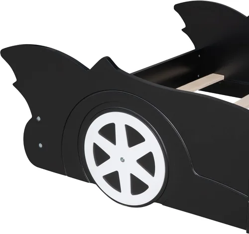 Vista 7 de anwickjeff Cama de plataforma en forma de auto de carreras con ruedas, cama de plataforma de madera tamaño individual con barandilla, cama