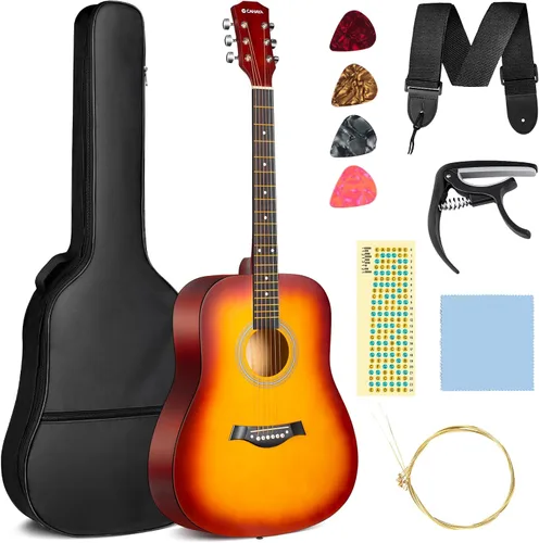 Vista 9 de CAHAYA Guitarra acústica: Juego de iniciación de 96.5 cm con corte para principiantes, de madera, para niños, adolescentes y adultos, con bolsa