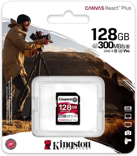 Vista 3 de Kingston Canvas React Plus Tarjeta SD de 128 GB SDXC UHS-II 300R/260W U3 V90 Full HD/4K/8K SDR2/128GB Clase 10, 300 MB por lectura S, 260