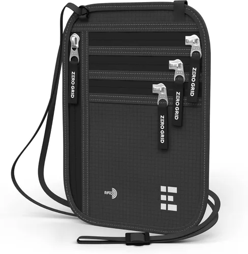 Vista 33 de Cartera para el cuello para viajes y pasaporte con bloqueo RFID, delgada y fácil de ocultar, bolsa de viaje de nailon para hombres y mujeres