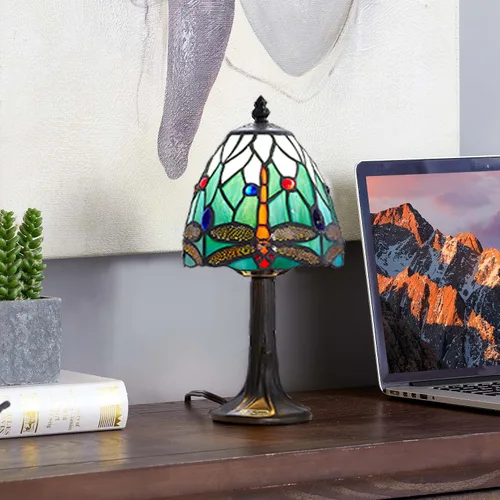 Vista 4 de Lámpara de mesa con diseño de libélula, pequeña lámpara de mesa estilo Tiffany Rsbrillialite Small Tiffany Lamp, Dragonfly Stained Glass Table