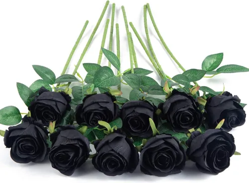 Vista 5 de 10 rosas artificiales de tallo largo, rosas de seda falsas para bricolaje, ramo de boda, mesa, centro de mesa, decoración del hogar (negro)