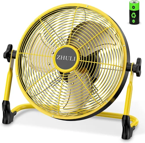 Vista 14 de ZHULI Ventilador solar de 14 pulgadas, ventilador de piso con batería Ventilador L amarillo de 14
