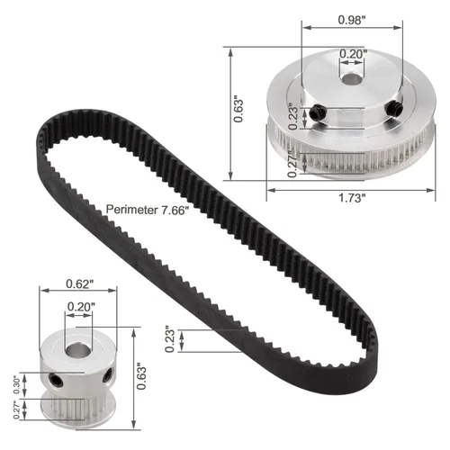 Vista 3 de PAGOW Rueda síncrona GT2 20 y 60 dientes de diámetro de 0.197 in, polea de distribución de aluminio con longitud 7.874 in de ancho y correa de 0.236