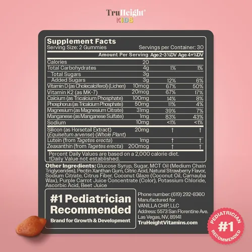 Vista 6 de TruHeight Gomitas para el Crecimiento Óseo de Niños (Fresa, Edades 2+) Nutrición Alta para el Crecimiento Natural en Niños y Pequeñitos - Vitamina