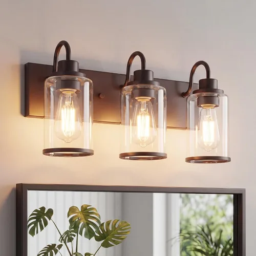 Vista 15 de Beionxii BX-VL01BG-3CG - Lámpara de tocador de baño, 3 lámparas doradas claras con pantalla de cristal transparente, accesorios de iluminación