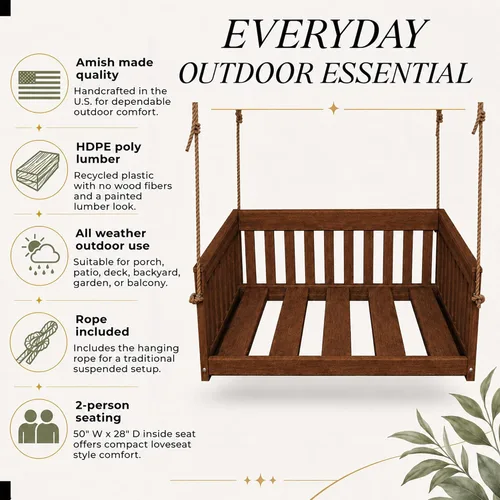 Vista 4 de Amish Made Antique Mahogany Mission Swing, Made in USA Deep Seating Mission Collection HDPE Poly Lumber Porch Swing with Rope, All-Weather Outdoor