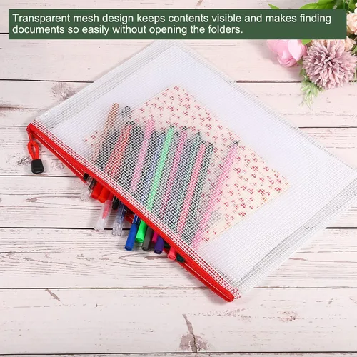 Vista 4 de YOKIVE Paquete de 3 bolsas de malla con cremallera, bolsillos de malla impermeables A3 Bolsa de plástico para documentos, bolsa de viaje, ideal