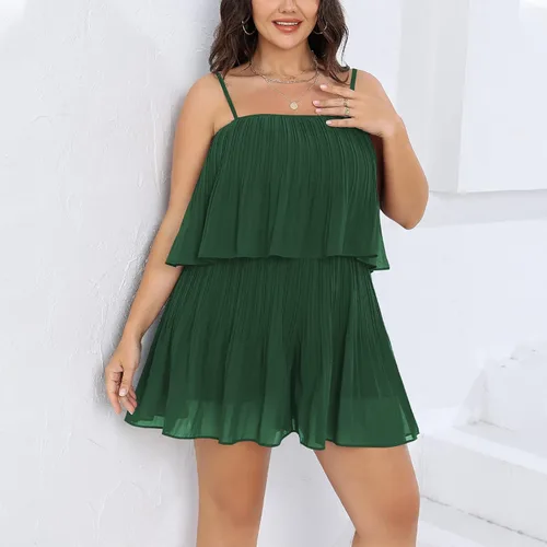 Vista 8 de EXLURA Overol corto de verano para mujer, talla grande, cuello cuadrado, volantes, tirantes delgados, plisado, sin mangas, con vuelo