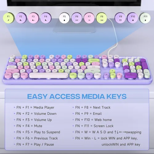 Vista 6 de KNOWSQT - Teclado de computadora con cable, color púrpura, retro, tamaño completo, tapa de tecla redonda, lindo, para enchufar y usar, para Windows