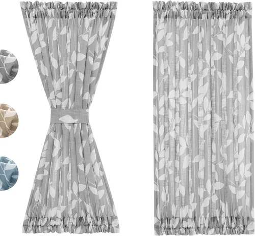 Vista 11 de Treatmentex Paneles de puerta francesa con luz lateral azul y blanca de 40 pulgadas de largo, estampado de hojas largas, cortinas de ventana