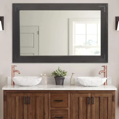 Vista 11 de YOSHOOT Espejo de pared con marco de madera rústica, espejo de tocador de baño de madera natural para decoración de granja, colgante vertical u Negro