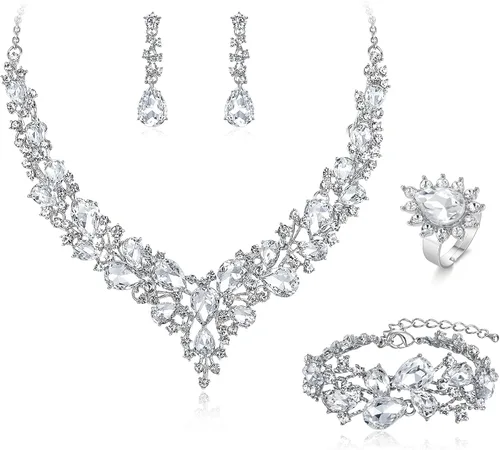 Vista 21 de BriLove - Juego de joyas de boda con cristales austriacos, collar, aretes y pulsera para mujer 01-Tono plateado transparente