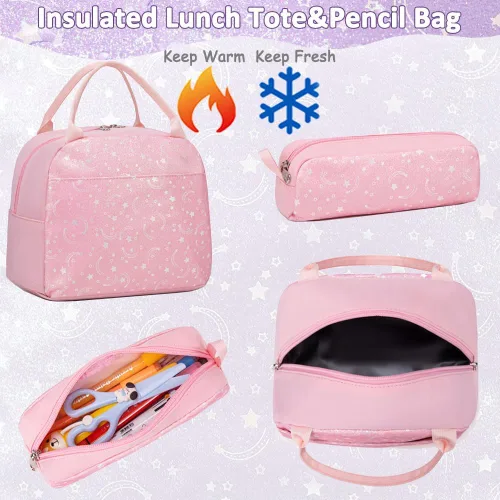 Vista 77 de Juego de mochila para niñas y adolescentes, mochila escolar para niños con bolsa para el almuerzo, estuche para lápices, mochilas escolares