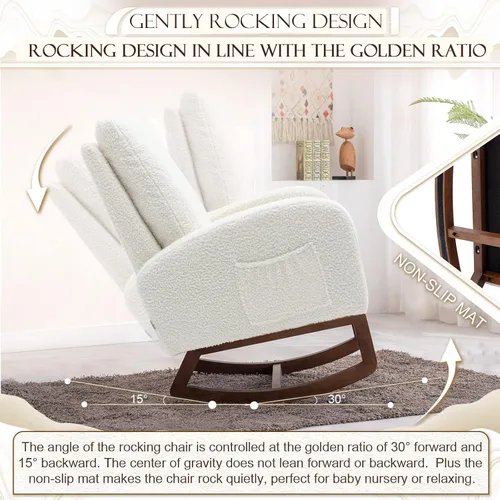 Vista 4 de Comfy - Silla mecedora tapizada para guardería o relajación, sillón de sala de estar con respaldo alto, mecedora moderna con bolsillo lateral